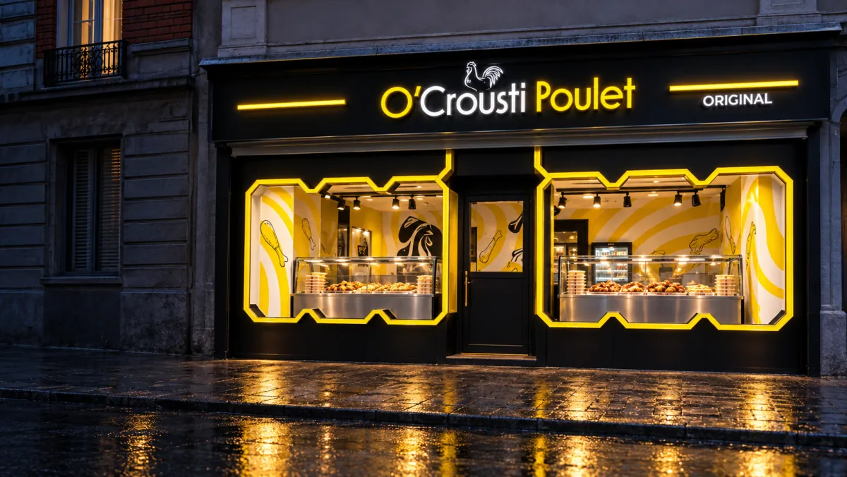 Façade d&rsquo;un restaurant O&rsquo;Crousti Poulet, enseigne allumée de nuit